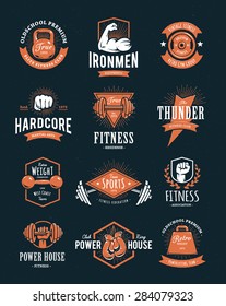 Set of retro styled fitness emblems. Vintage gym logo templates. Vector illustrations.