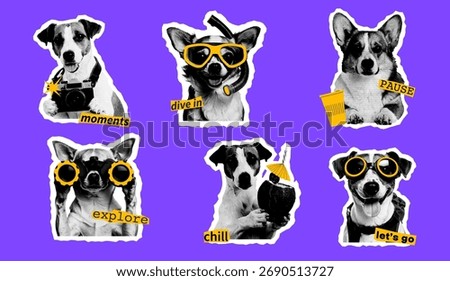 Set of retro styled halftone dogs with “explore”, “pause”, “chill”. Each dog features travel props and is isolated on a bright background. Great for t-shirts, stickers, posters, and editorial content.