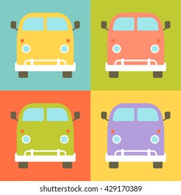 Set of retro styled little buses presented in a different colors. Fully vector illustration, very easy to edit