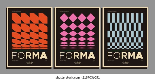 Set or retro styled posters with geometric vintage colored patterns for wall art prints or covers. Vector illustration