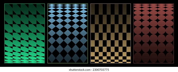 Set oder Retro-Styling-Plakate mit geometrischen Vintage-Mustern für Tapeten oder Cover. Vektorgrafik. Set von Vintage-Formularen - Hintergründe, Poster, Bannerbeispiele, Retro-Farben der 80er Jahre