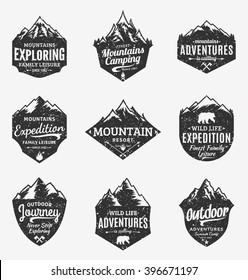Set of retro styled vector mountain and outdoor adventures logo