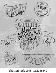 Set of retro styled vintage premium quality badges and labels drawing with coal on grey background