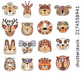 Set of retro stylized animal faces icons. Vector illustration.