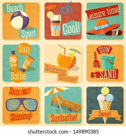 Set of retro stylized summer icons with typographic elements on a grunge background. Vector. 