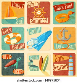Set of retro stylized summer icons with typographic elements on a grunge background. Vector. 