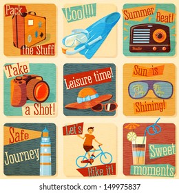 Set of retro stylized summer icons with typographic elements on a grunge background. Vector. 