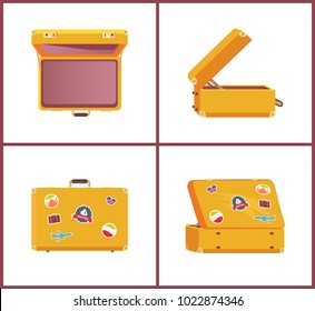 Set of retro suitcases from different angles, memory stickers sailboat, flying plane, flag of Italy and Iceland, sightseeings travelling concept vector