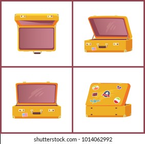 Set of retro suitcases top side front view, memory stickers sailboat, flying plane, flag of Italy and Iceland, sightseeings travelling concept vector