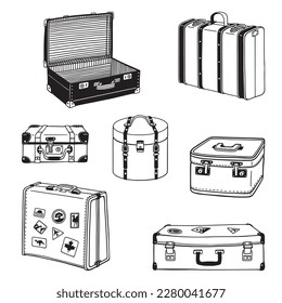 
Set of retro suitcases. Vector graphics. Freehand drawing.
