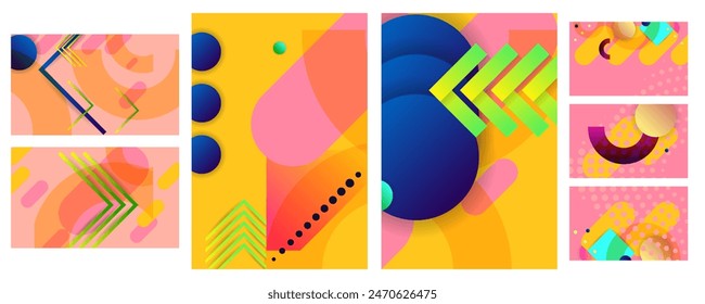 Set Retro Summer beach party geometric pattern background, vector abstract circle, triangle and square lines art. Trendy bauhaus pattern backgrounds