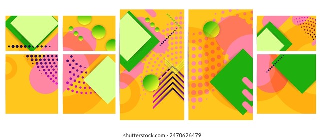 Set Retro Summer beach party geometric pattern background, vector abstract circle, triangle and square lines art. Trendy bauhaus pattern backgrounds