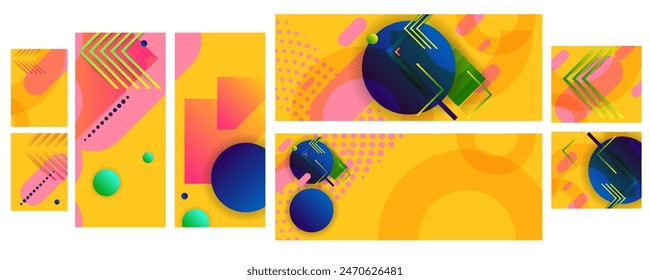 Set Retro Summer beach party geometric pattern background, vector abstract circle, triangle and square lines art. Trendy bauhaus pattern backgrounds