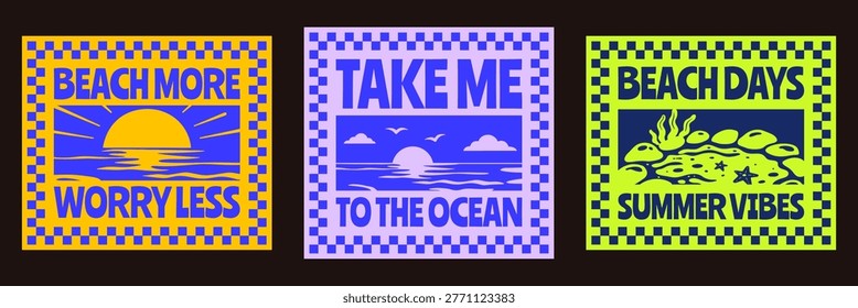 Set of Retro Summer Beach Vibes Flat Illustration for T-Shirt Print with Slogans, Vintage Tropical Apparel Sticker Design with Sunset, Sunrise, Tide Pool, Coastal Travel Poster Badge Collection Poster