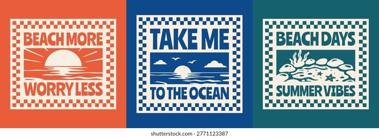 Set of Retro Summer Beach Vibes Flat Illustration for T-Shirt Print with Slogans, Vintage Tropical Apparel Sticker Design with Sunset, Sunrise, Tide Pool, Coastal Travel Poster Badge Collection