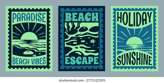 Set of Retro Summer Beach Vibes Flat Illustration for T-Shirt Print with Slogans, Vintage Tropical Apparel Sticker Design with Sunset, Sunrise, Tide pool, Coastal Travel Poster Badge Collection