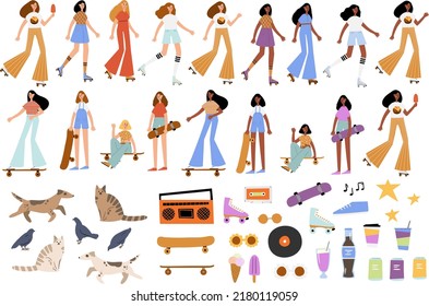 Set Of Retro Summer Clip Art, Black Girl Roller Skates, Skateboarding With Dog Clipart, Cute Small Houses, Green Trees, Palm Trees Png, Vector Illustration In Flat Cartoon Style.