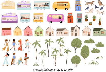 Set Of Retro Summer Clip Art, Black Girl Roller Skates, Skateboarding With Dog Clipart, Cute Small Houses, Green Trees, Palm Trees Png, Vector Illustration In Flat Cartoon Style.