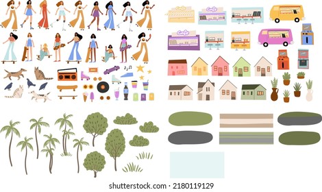 Set Of Retro Summer Clip Art, Scenes With Black Girl Roller Skates, Skateboarding With Dog Clipart, Joyful Teenager Characters Walking On City Street, Vector Illustration In Flat Cartoon Style.