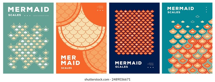 Set of retro summer disco posters with mermaid scale abstract texture.Vector illustration