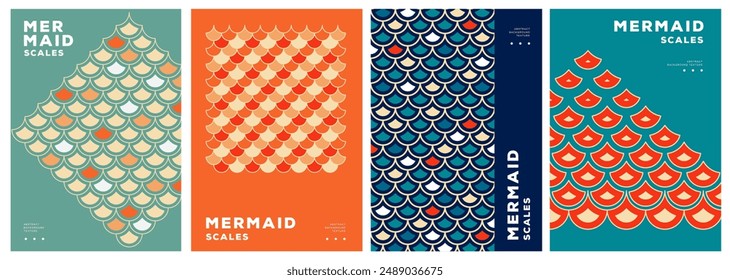 Set of retro summer disco posters with mermaid scale abstract texture.Vector illustration