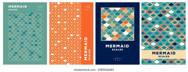 Set of retro summer disco posters with mermaid scale abstract texture.Vector illustration