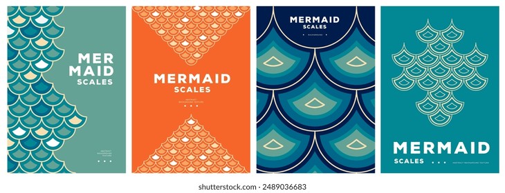 Set of retro summer disco posters with mermaid scale abstract texture.Vector illustration