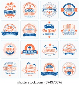 Set of Retro Summer Holidays Design Elements. Vintage Logotypes and Badges. Beach Vacation, Party, Travel, Camping