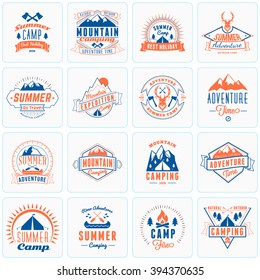 Set of Retro Summer Holidays Design Elements. Vintage Logotypes and Badges. Beach Vacation, Party, Travel, Camping