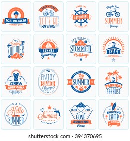 Set of Retro Summer Holidays Design Elements. Vintage Logotypes and Badges. Beach Vacation, Party, Travel, Camping