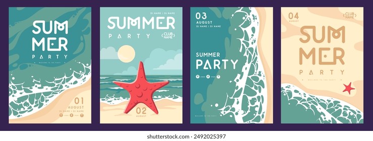 Set of retro summer party posters with ocean waves, beach and starfish. Vector illustration