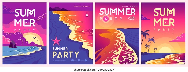 Set of retro summer party posters with ocean waves, beach and starfish. Vector illustration