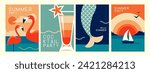 Set of retro summer posters with summer attributes. Cocktail silhouette, flamingo, mermaid tail and ship in the sea. Vector illustration
