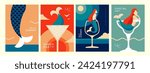 Set of retro summer posters with summer attributes. Cocktail cosmopolitan silhouette, mermaid and sea. Vector illustration