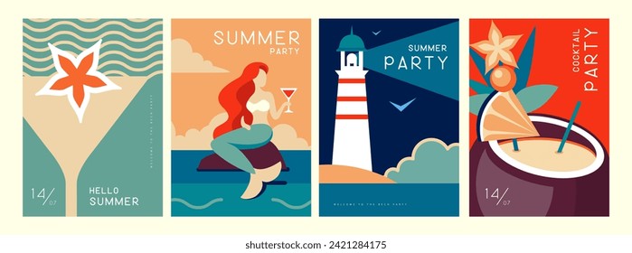 Conjunto de afiches de verano retro con atributos de verano. Silueta de cóctel, pina colada, sirena, faro y mar. Ilustración del vector