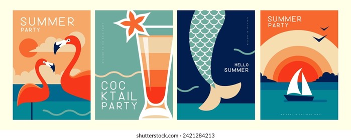 Set of retro summer posters with summer attributes. Cocktail silhouette, flamingo, mermaid tail and ship in the sea. Vector illustration