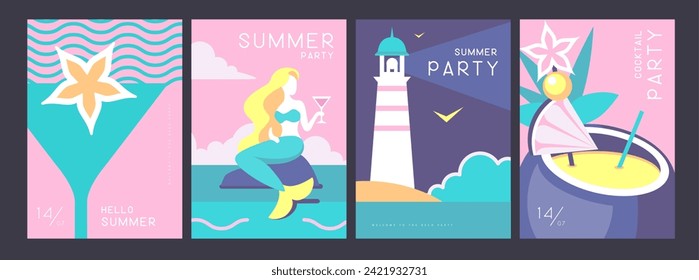 Set of retro summer posters with summer attributes. Cocktail silhouette, pina colada, mermaid, lighthouse and sea. Vector illustration