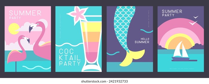 Conjunto de afiches de verano retro con atributos de verano. Silueta de cóctel, flamingo, cola de sirena y barco en el mar. Ilustración del vector