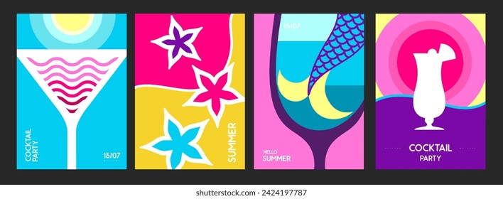 Set of retro summer posters with summer attributes. Cocktail silhouette, mermaid tail, sun in glass. Vector illustration