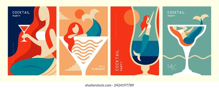 Set of retro summer posters with summer attributes. Cocktail cosmopolitan silhouette, mermaid and sea. Vector illustration