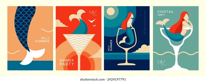 Conjunto de afiches de verano retro con atributos de verano. Silueta cosmopolita de cóctel, sirena y mar. Ilustración del vector