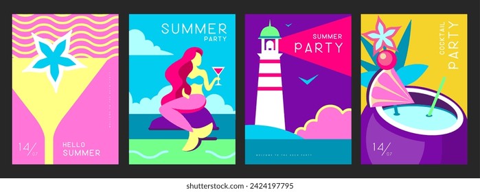 Set of retro summer posters with summer attributes. Cocktail silhouette, pina colada, mermaid, lighthouse and sea. Vector illustration