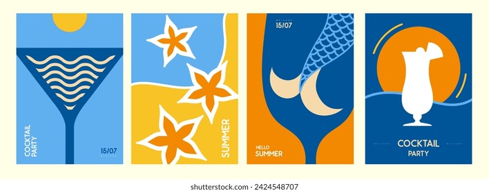 Set of retro summer posters with summer attributes. Cocktail silhouette, mermaid tail, sun in glass. Vector illustration
