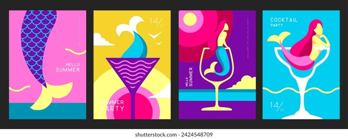 Set of retro summer posters with summer attributes. Cocktail cosmopolitan silhouette, mermaid and sea. Vector illustration