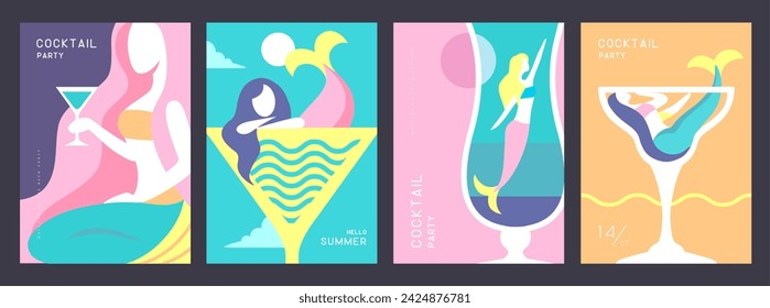Set of retro summer posters with summer attributes. Cocktail cosmopolitan silhouette, mermaid and sea. Vector illustration