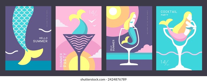 Set of retro summer posters with summer attributes. Cocktail cosmopolitan silhouette, mermaid and sea. Vector illustration