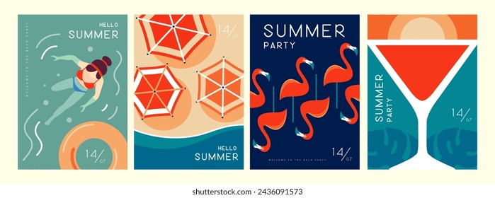 Set von Retro-Sommerplakaten mit Sommerattributen. Cocktail kosmopolitische Silhouette, Flamingo, Blick auf den Strand, Schwimmring und Schwimmfrau. Vektorgrafik