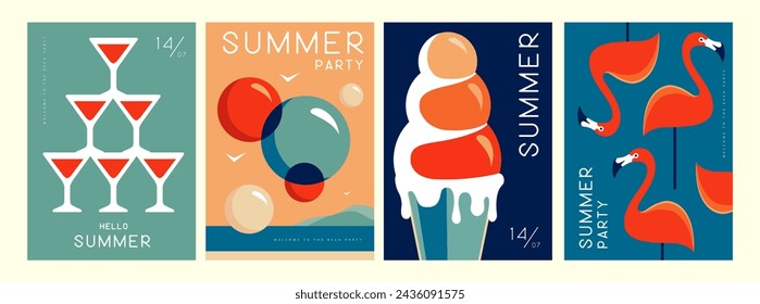 Conjunto de carteles de verano retro con atributos de verano. Silueta cosmopolita de cóctel, flamenco, helados y pompas de jabón. Ilustración de vector