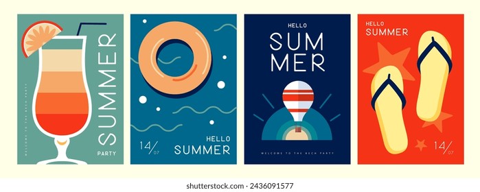 Conjunto de carteles de verano retro con atributos de verano. Silueta de cóctel, amanecer de tequila, globo aerostático, anillo de natación y chanclas. Ilustración de vector