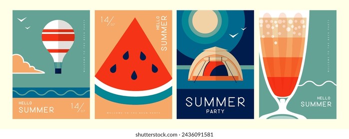 Conjunto de carteles de verano retro con atributos de verano. Silueta de cóctel, amanecer de tequila, globo aerostático, sandía y campamento. Ilustración de vector